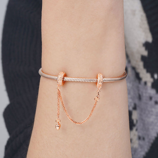 Lunar Surface Texture Safety Chain with Heart Dangle 925 Sterling Silver 18K Rose Gold Plated_3