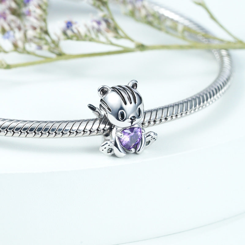 Tiger Embraces Heart Gemstone Charm Bead 925 Sterling Silver_2
