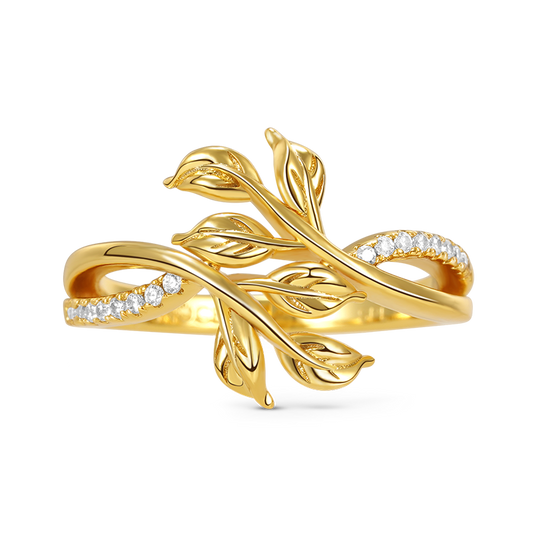 Leaf Shape Ring 925 Sterling Silver 18k Gold Plated Inlaid with Clear Gemstones_1
