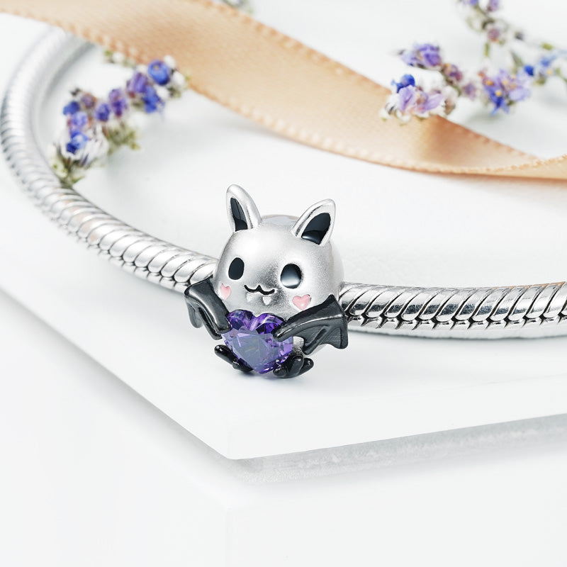Cute Bat Embraces Heart Gemstone Charm Bead 925 Sterling Silver_2