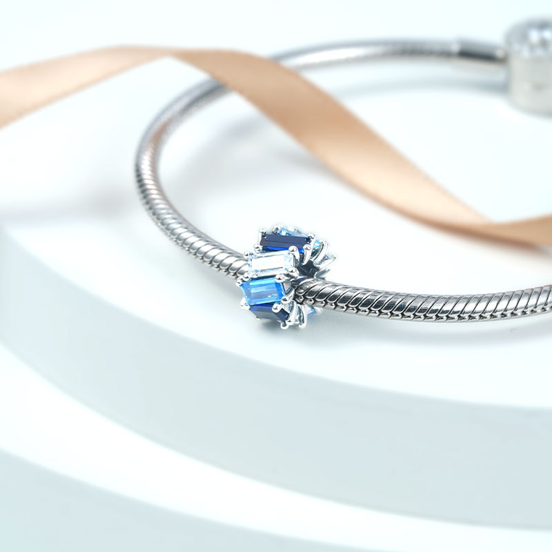 Mystic Charm Bead 925 Sterling Silver Inlaid with Gradient Blue Cuboid Gemstones_2