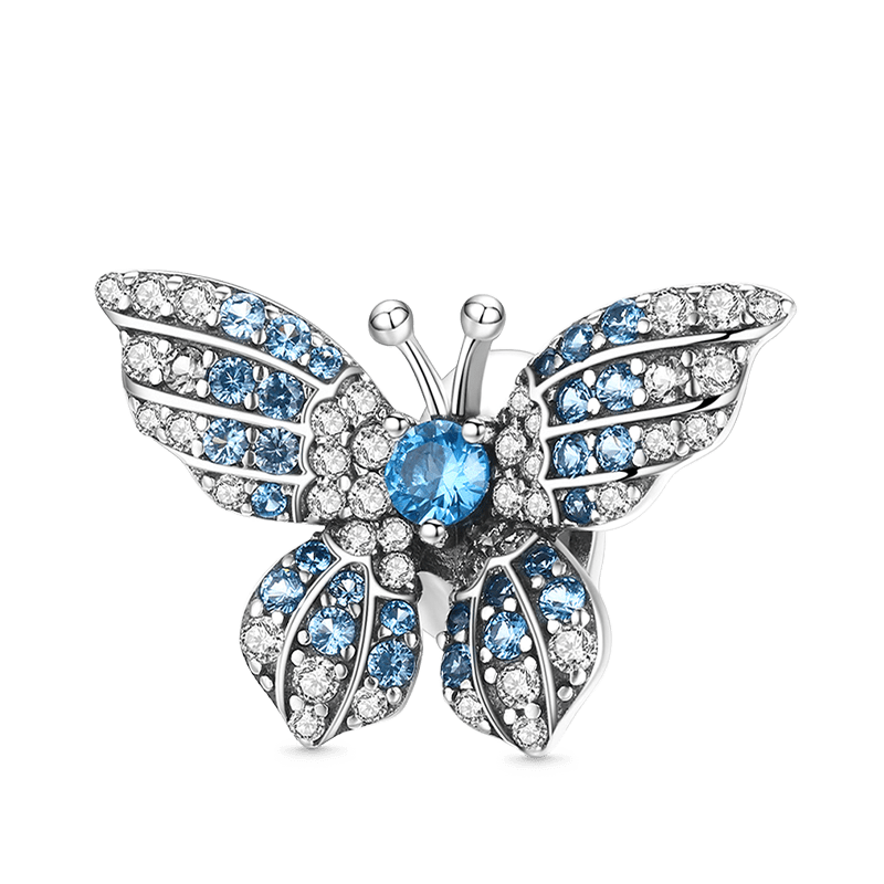 Morpho Butterfly Stopper for Charm Bracelets 925 Sterling Silver Inlaid with Clear & Blue CZ Stones_1