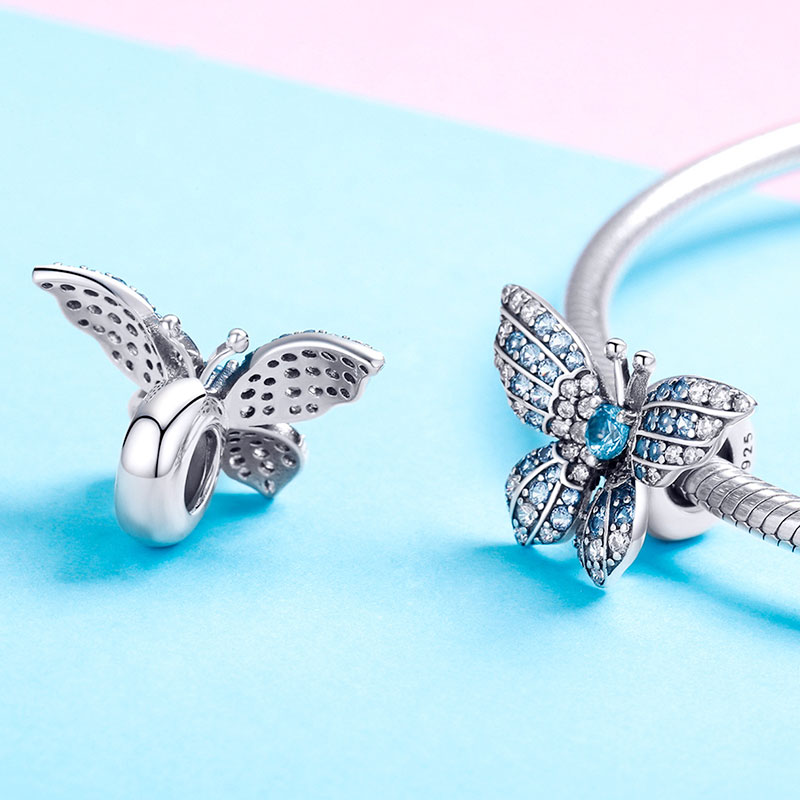 Morpho Butterfly Stopper for Charm Bracelets 925 Sterling Silver Inlaid with Clear & Blue CZ Stones_2