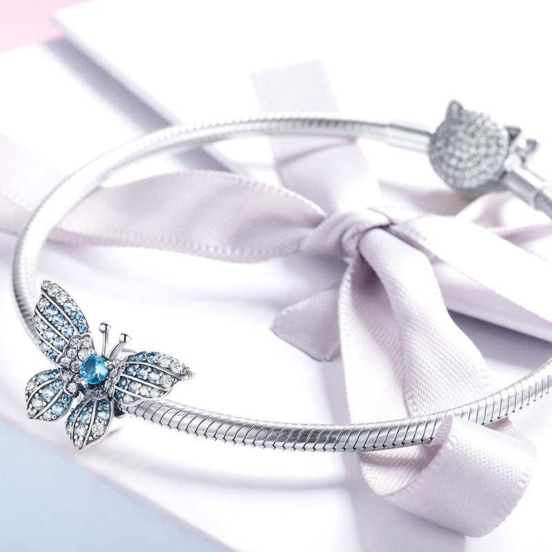 Morpho Butterfly Stopper for Charm Bracelets 925 Sterling Silver Inlaid with Clear & Blue CZ Stones_3