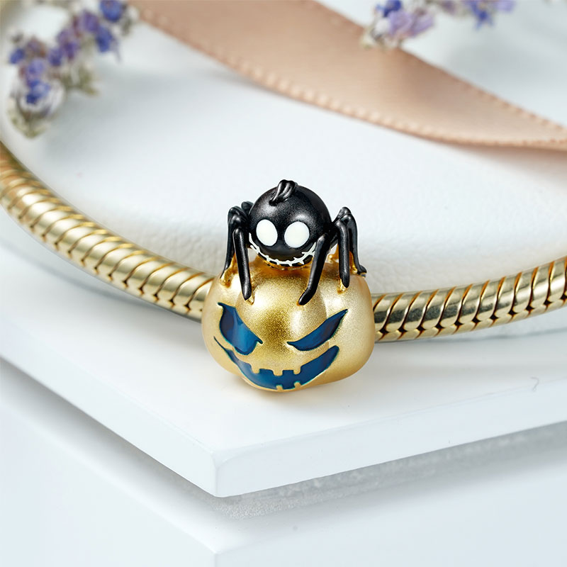 Luminous Spider & Skull Pumpkin Charm Bead 925 Sterling Silver 18K Gold Plated with Sand-blasted_2