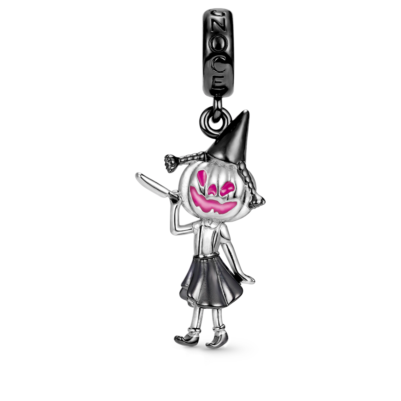 Pumpkin Girl Pendant Dangle Charm 925 Sterling Silver Black Plated with Pink Enamels Gift for Halloween_1