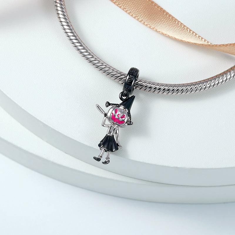 Pumpkin Girl Pendant Dangle Charm 925 Sterling Silver Black Plated with Pink Enamels Gift for Halloween_2