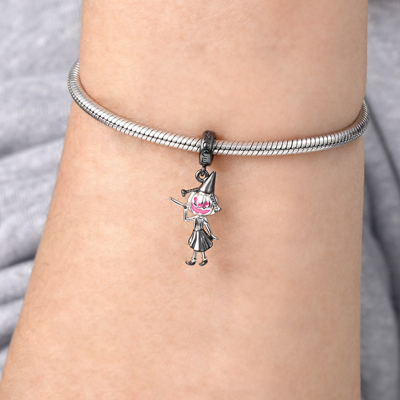 Pumpkin Girl Pendant Dangle Charm 925 Sterling Silver Black Plated with Pink Enamels Gift for Halloween_3