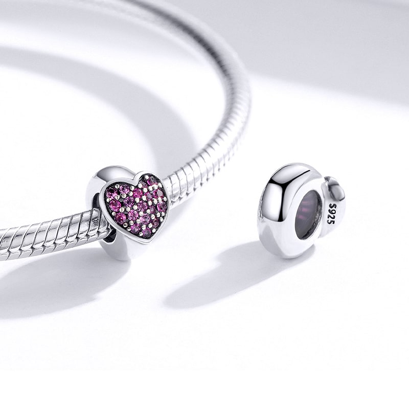 Love Heart Stopper for Charm Bracelets 925 Sterling Silver Inlaid with Fuxia Gemstones_2