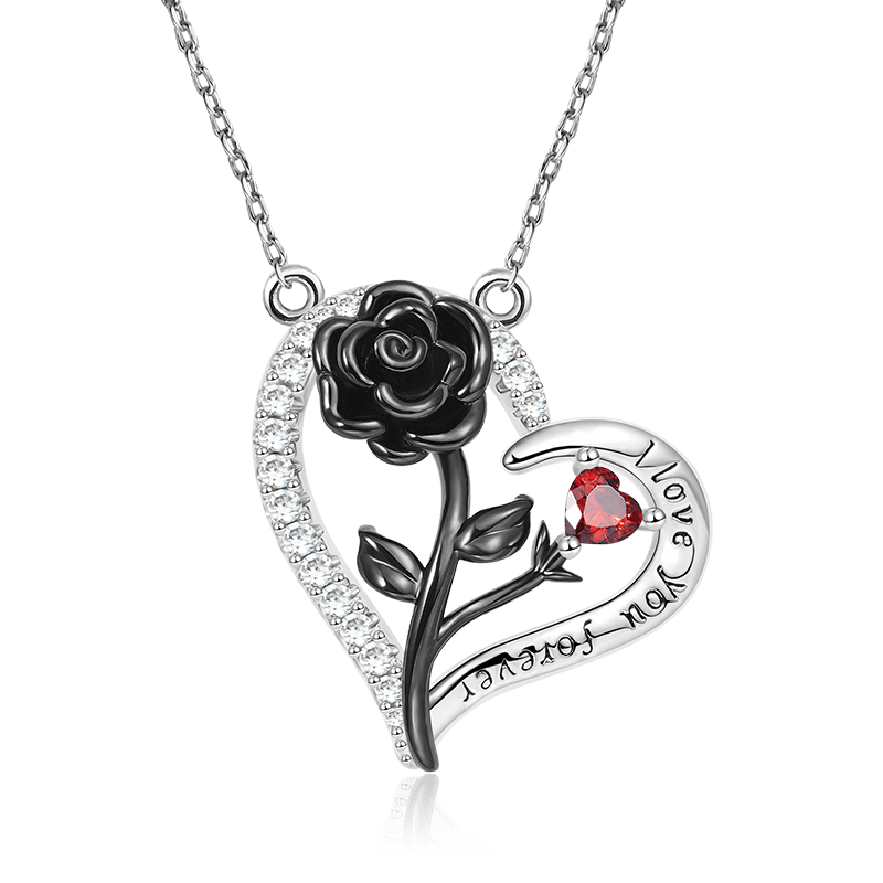 Black Rose Heart Necklace 925 Sterling Silver with "I Love You Forever" Engravings and Clear Gemstones_1