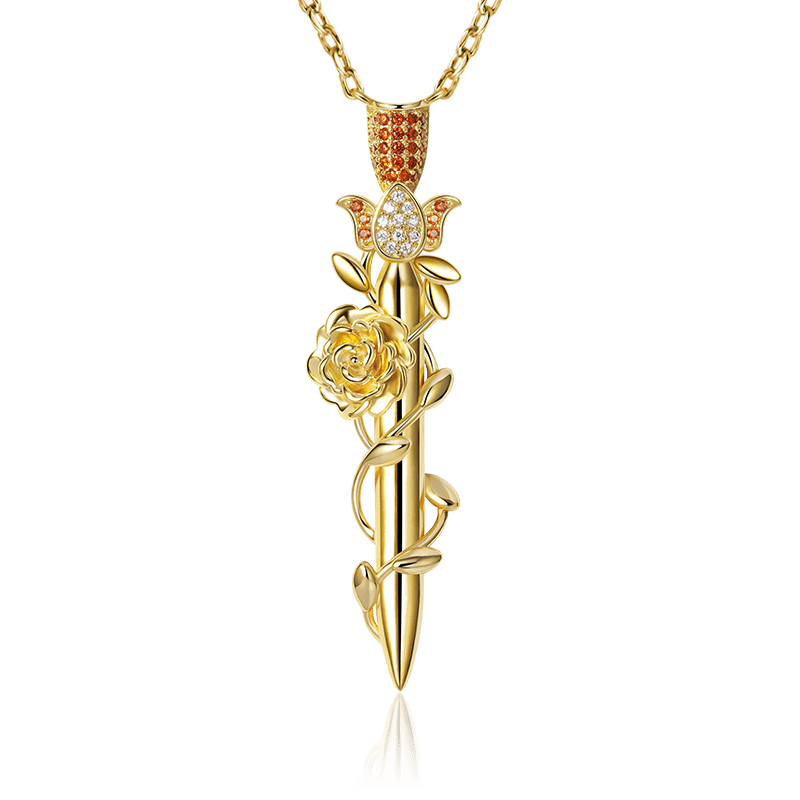 Rose Wrapped Sword Necklace 925 Sterling Silver 18K Gold Plated Inlaid with Clear & Orange CZ Stones_1
