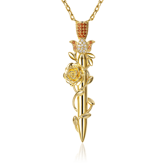 Rose Wrapped Sword Necklace 925 Sterling Silver 18K Gold Plated Inlaid with Clear & Orange CZ Stones_1