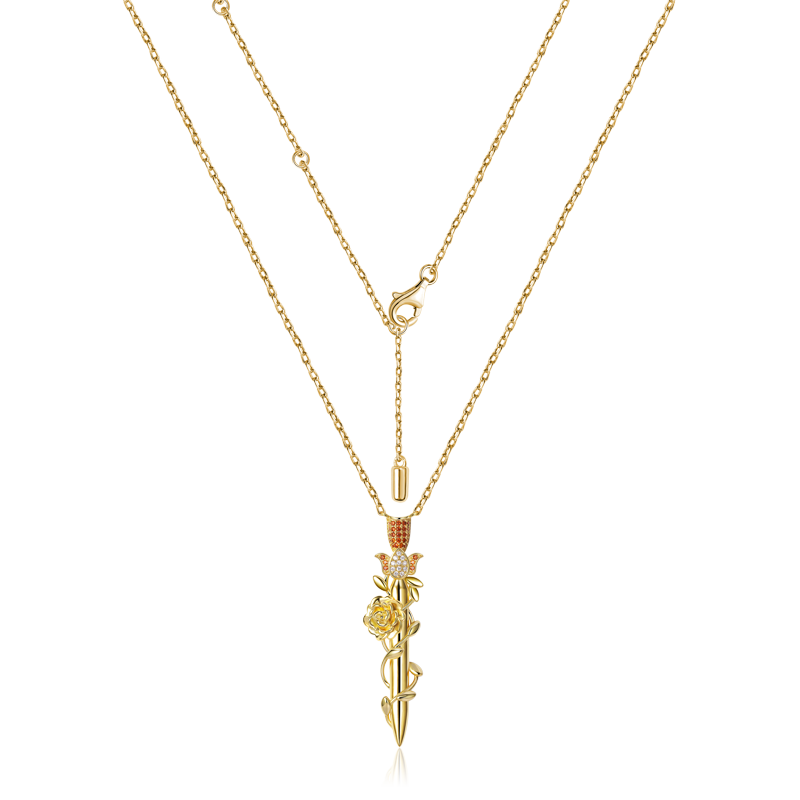 Rose Wrapped Sword Necklace 925 Sterling Silver 18K Gold Plated Inlaid with Clear & Orange CZ Stones_2
