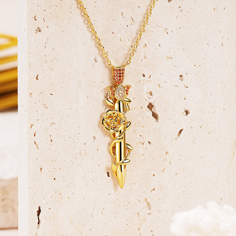 Rose Wrapped Sword Necklace 925 Sterling Silver 18K Gold Plated Inlaid with Clear & Orange CZ Stones_3