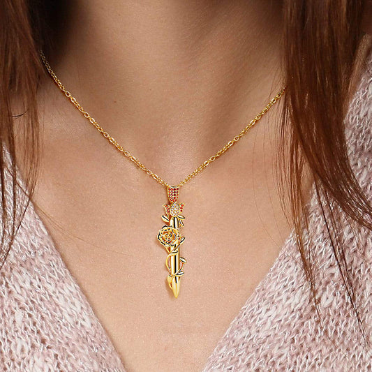 Rose Wrapped Sword Necklace 925 Sterling Silver 18K Gold Plated Inlaid with Clear & Orange CZ Stones_4
