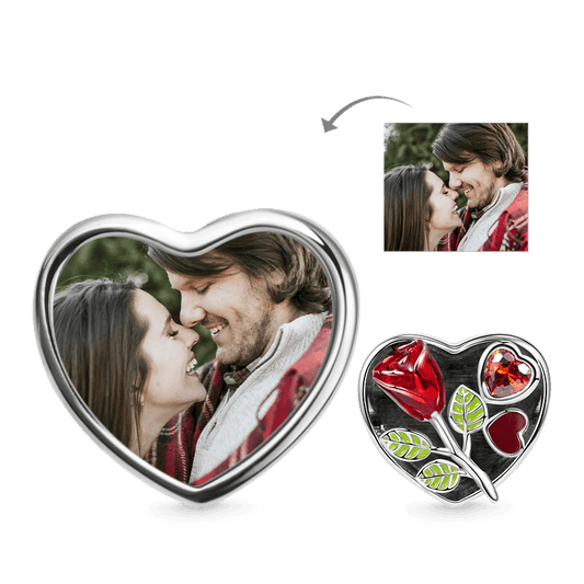 Rose Lover Personalized Photo Charm Bead 925 Sterling Silver with Red Enamels_1