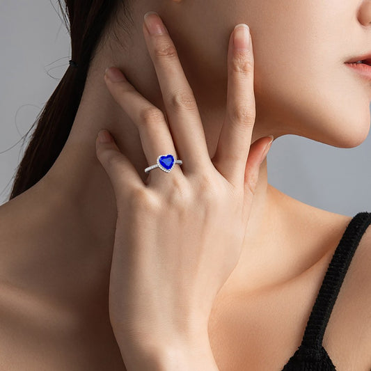 Royal Blue Heart-shaped Ring 925 Sterling Silver Pave with Clear CZ Stones_5
