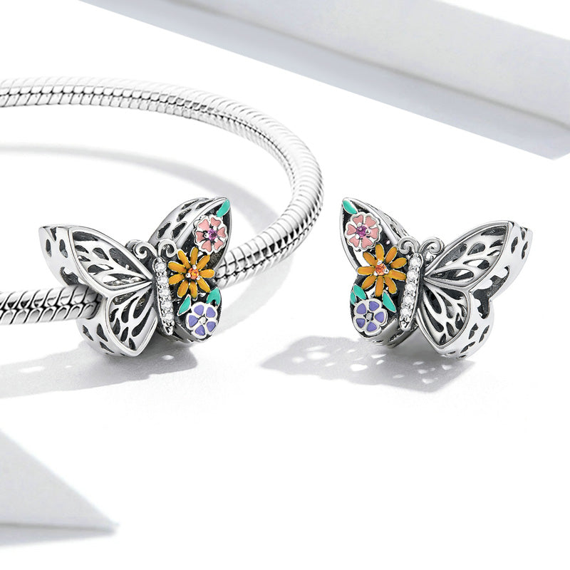 "Butterfly Loves Flowers" Charm Bead 925 Sterling Silver with Colorful Enamels_2
