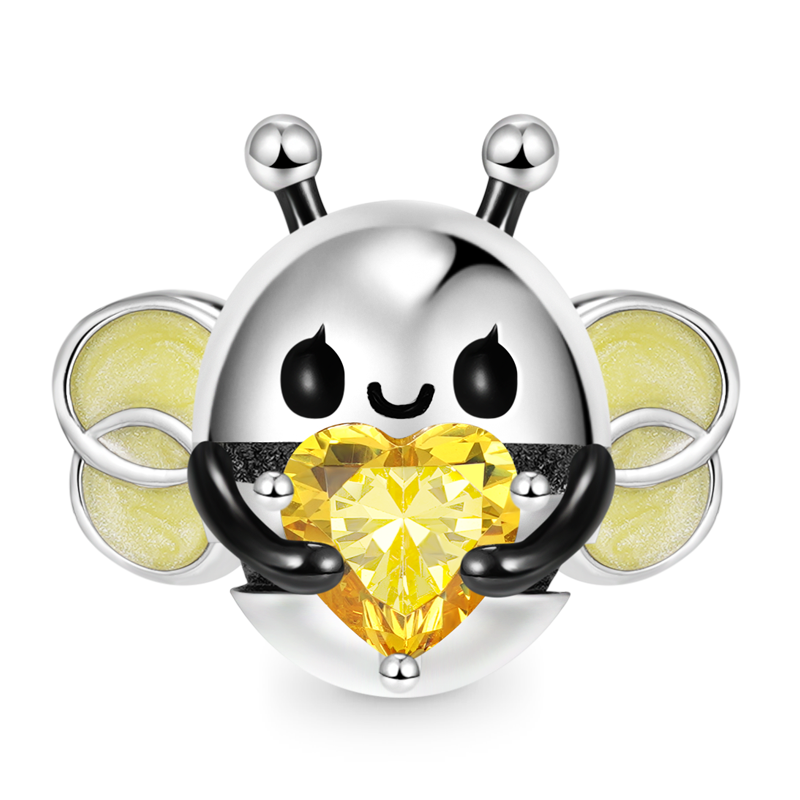 Bee Embraces Heart Gemstone Charm Bead 925 Sterling Silver with Yellow Glitter Enamels_1