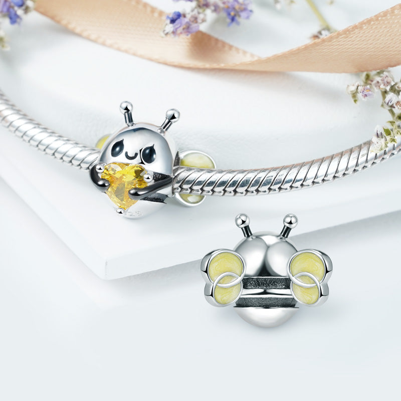 Bee Embraces Heart Gemstone Charm Bead 925 Sterling Silver with Yellow Glitter Enamels_2