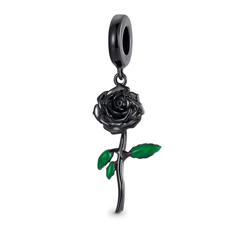 Black Rose Flower Pendant Dangle Charm 925 Sterling Silver with Enamels_1