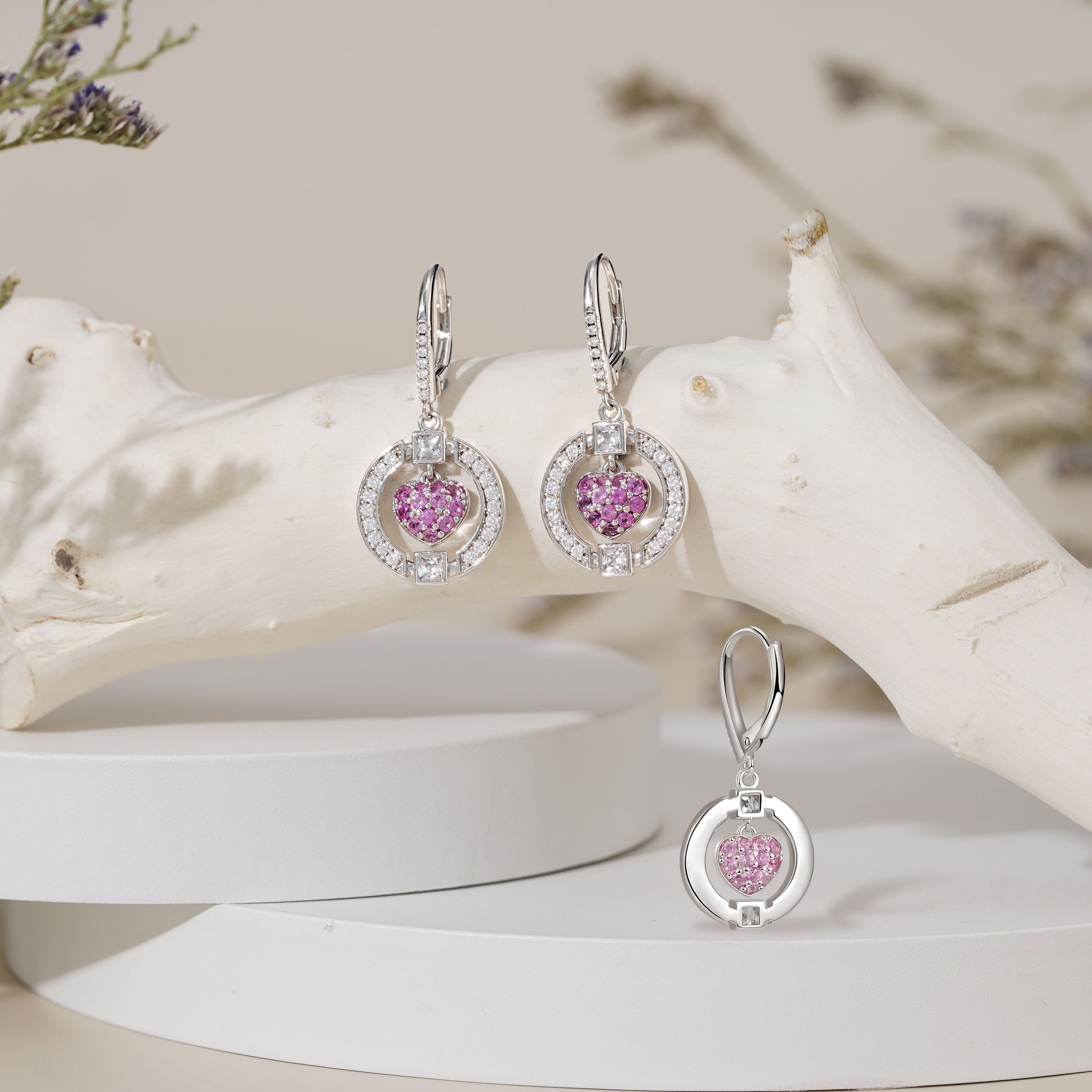 Pink Heart in Circle Dangle Leverback Earrings 925 Sterling Silver Inlaid with Clear CZ Stones_3