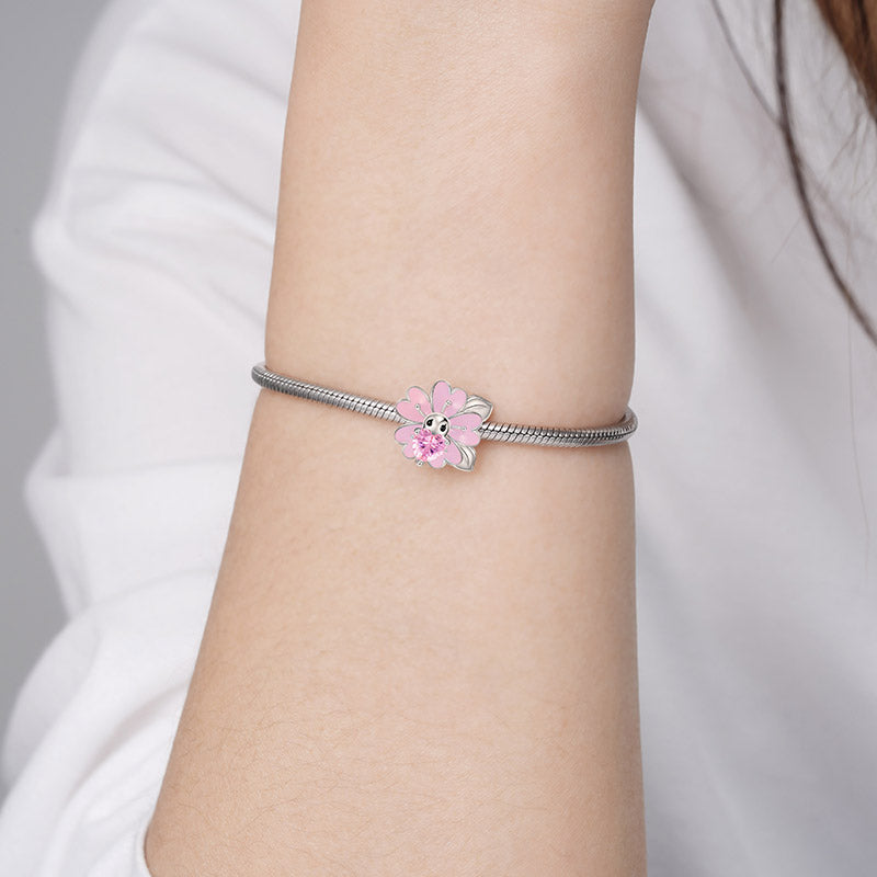 Cherry Blossoms Embraces Heart Gemstone Charm Bead 925 Sterling Silver with Pink Enamels_3