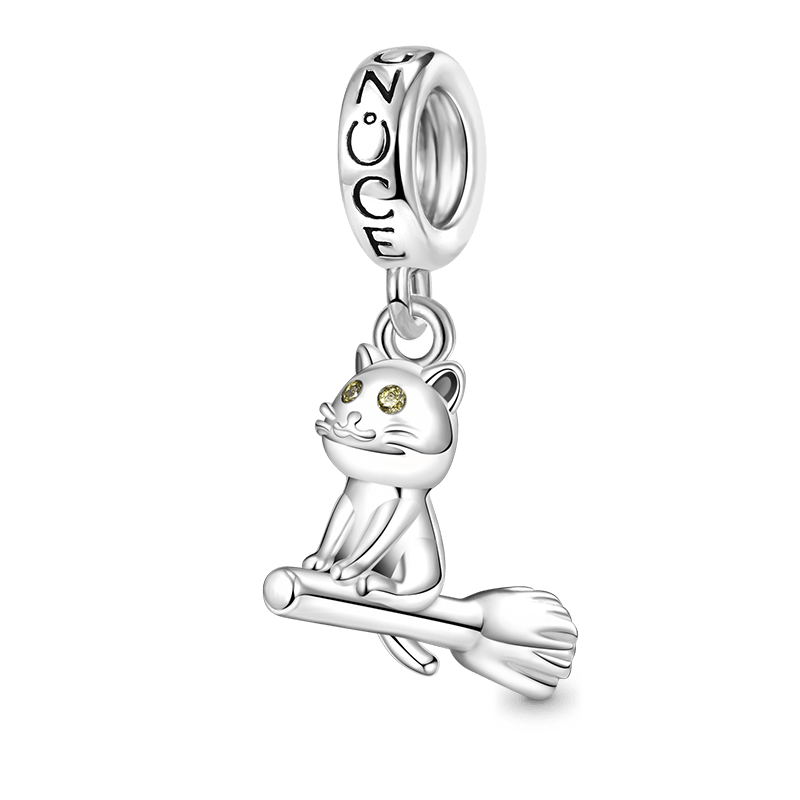 Gnoce Playful Cat Riding Broom Pendant Dangle Charm_1