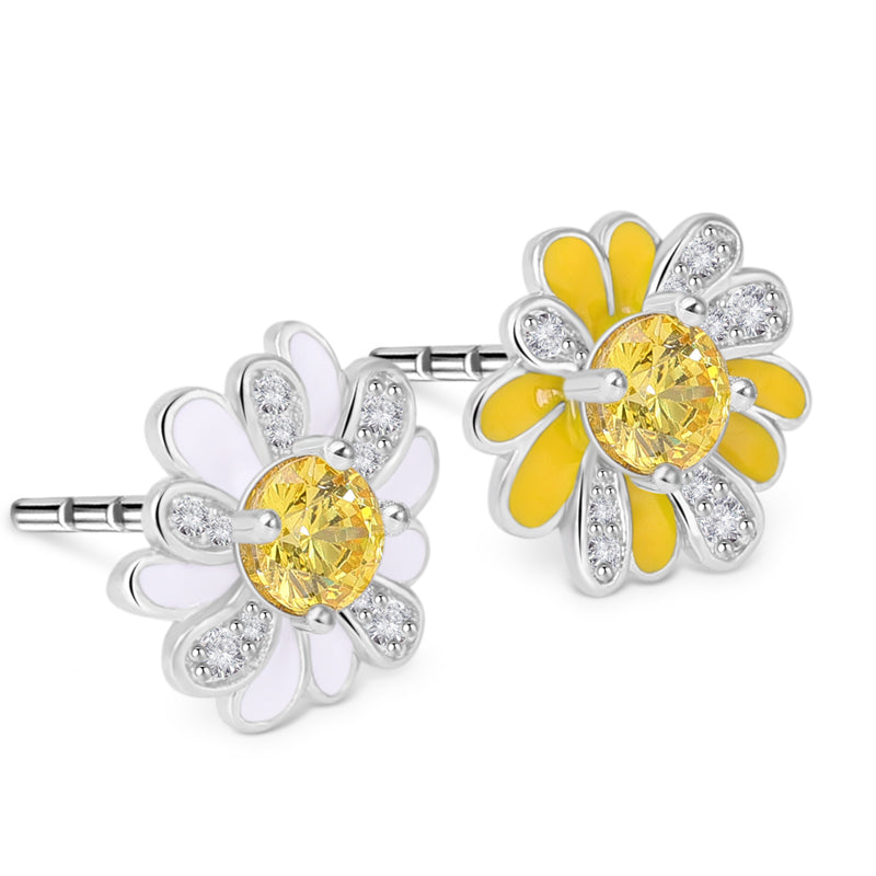 Daisy Flower Earrings Paved Yellow CZ Stones Sterling Silver_2