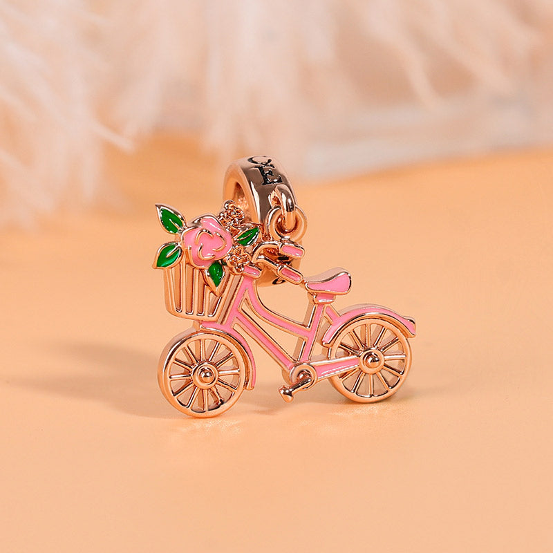 Bicycle with Flower Pendant Charm Sterling Silver 18k Rose Gold Plated_2