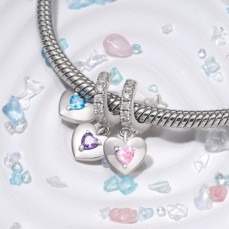 Gnoce Engravable Three Hearts Family Birthstone Pendant Dangle Charm_5