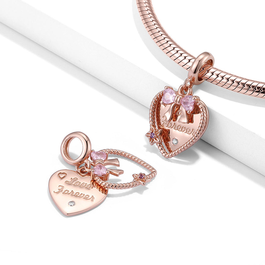 "Love Forever" Two-piece Heart Shape Pendant Dangle Charm 925 Sterling Silver 18K Rose Gold Plated_2