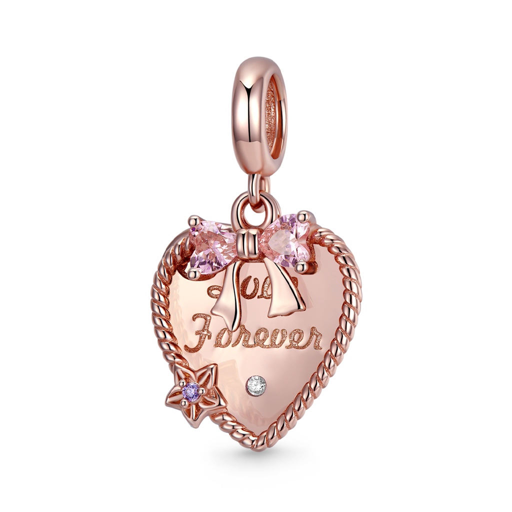 "Love Forever" Two-piece Heart Shape Pendant Dangle Charm 925 Sterling Silver 18K Rose Gold Plated_1