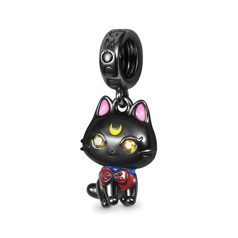 Cute Black Cat Pendant Dangle Charm 925 Sterling Silver Black Plated Eyes Inlaid with Yellow Zircon Stones_1