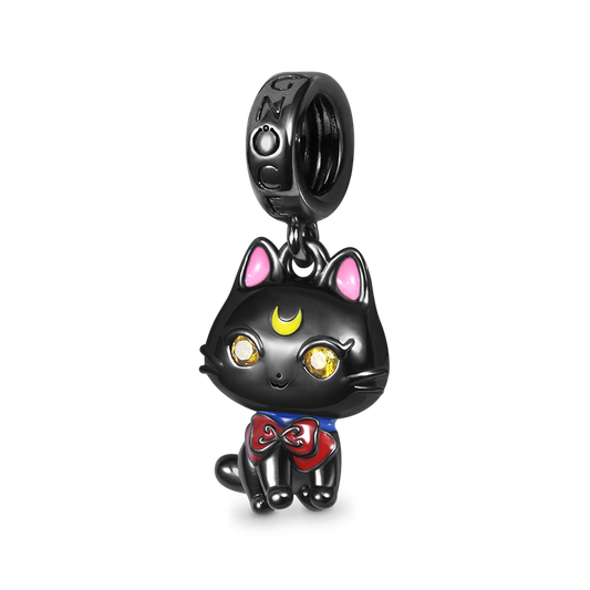 Cute Black Cat Pendant Dangle Charm 925 Sterling Silver Black Plated Eyes Inlaid with Yellow Zircon Stones_1