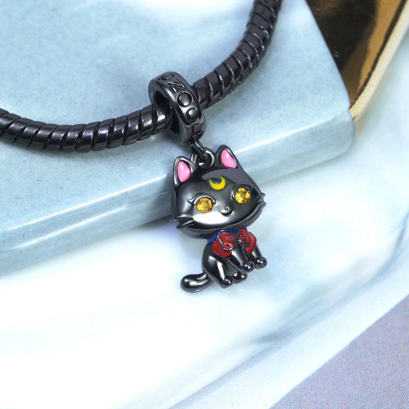 Cute Black Cat Pendant Dangle Charm 925 Sterling Silver Black Plated Eyes Inlaid with Yellow Zircon Stones_2