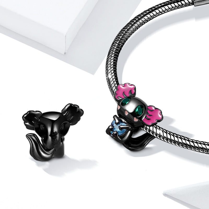 Mexican Axolotl Embraces Heart Gemstone Charm Bead Sterling Silver Black Plated_2