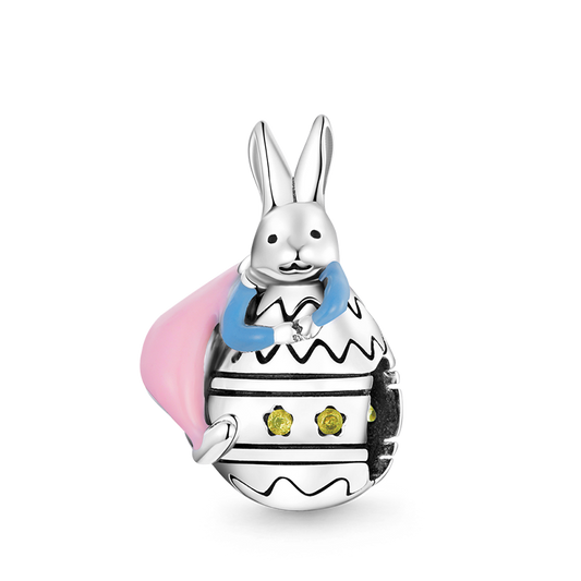 Cute Bunny Holding Easter Egg Charm Bead 925 Sterling Silver_1