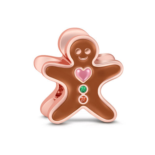 Gnoce "Be Happy" Rose Gold Plated Glossy Brown Surface Gingerbread Man 925 Sterling Silver Bead Charm_1