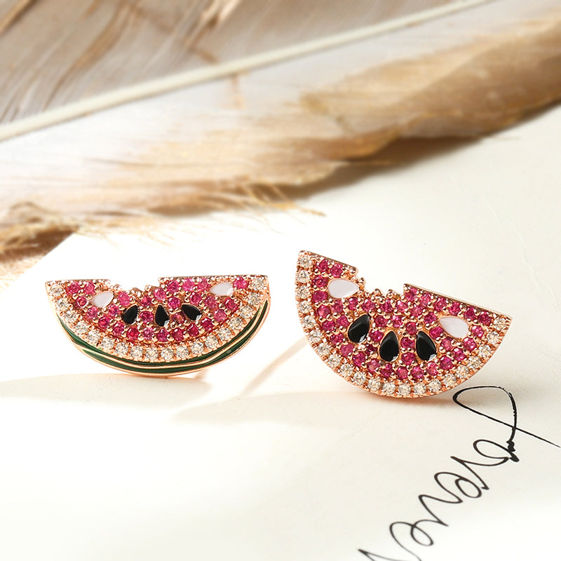 Watermelon Stud Earrings 925 Sterling Silver Asymmetric Earrings 18k Rose Gold Plated_2