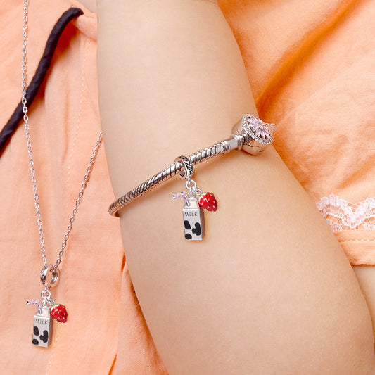 Milk & Strawberry Pendant Dangle Charm 925 Sterling Silver_4