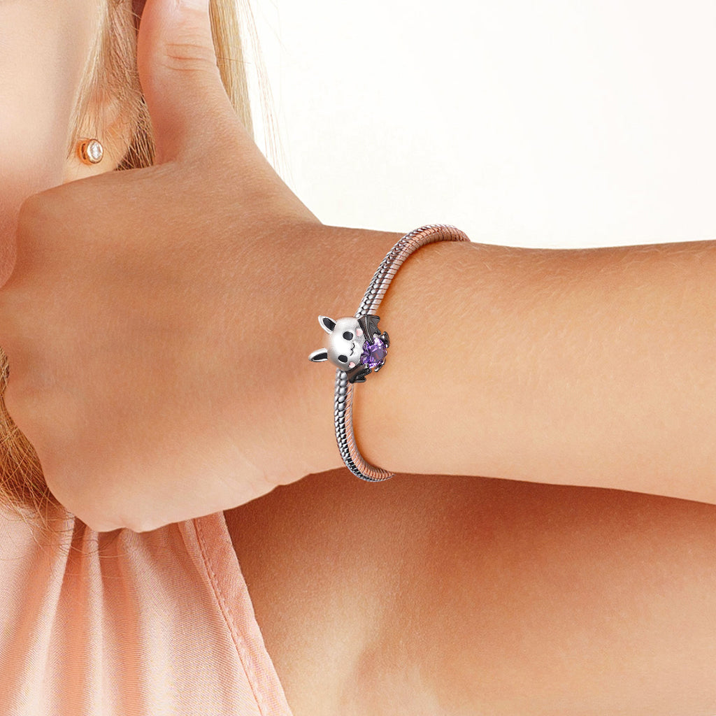 Cute Bat Embraces Heart Gemstone Charm Bead 925 Sterling Silver_4