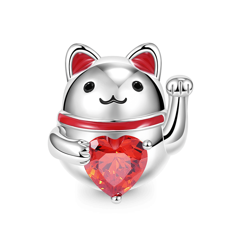 Lucky Cat Embraces Heart Gemstone Charm Bead 925 Sterling Silver_1