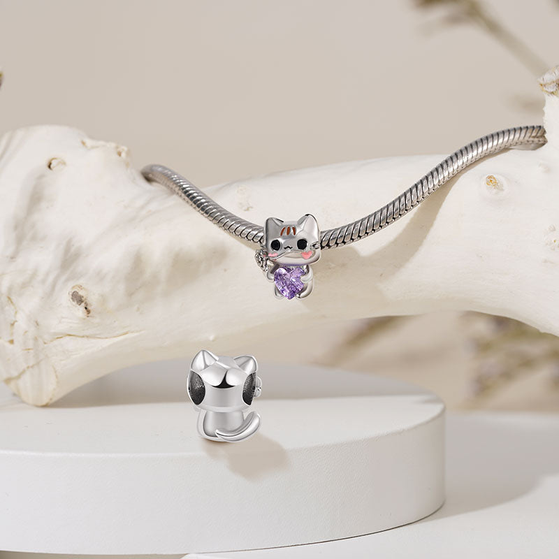 Cute Cat Embraces Heart Gemstone Charm Bead 925 Sterling Silver_2