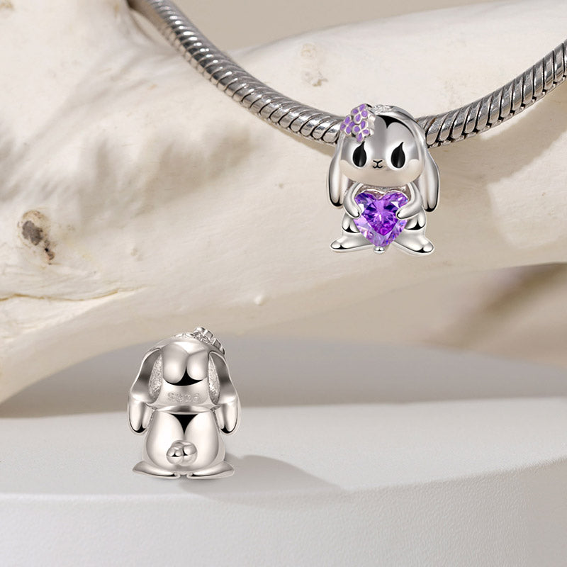 Lop-eared Rabbit Embraces Heart Gemstone Charm Bead 925 Sterling Silver_2