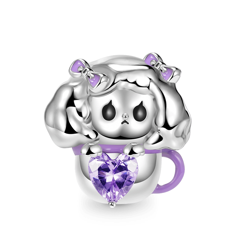 Teacup Dog Embraces Heart Gemstone Charm Bead 925 Sterling Silver with Purple Enamels_1