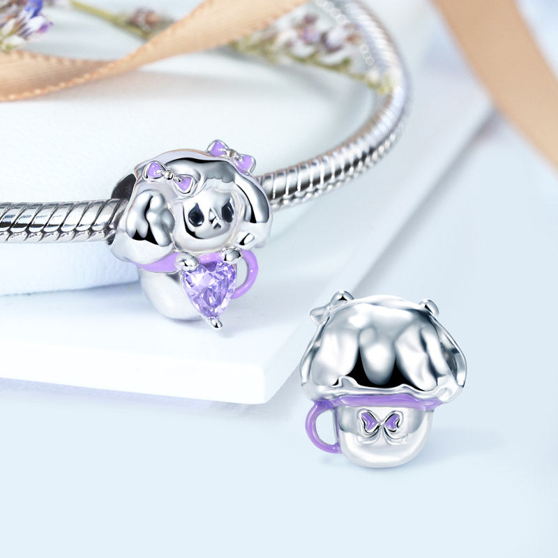 Teacup Dog Embraces Heart Gemstone Charm Bead 925 Sterling Silver with Purple Enamels_2