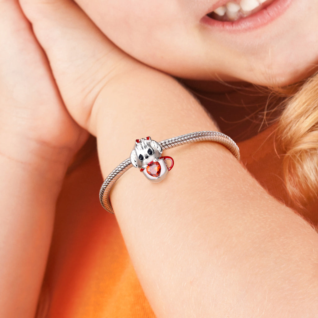 Cute Teacup Dog Embraces Heart Gemstone Charm Bead 925 Sterling Silver_4