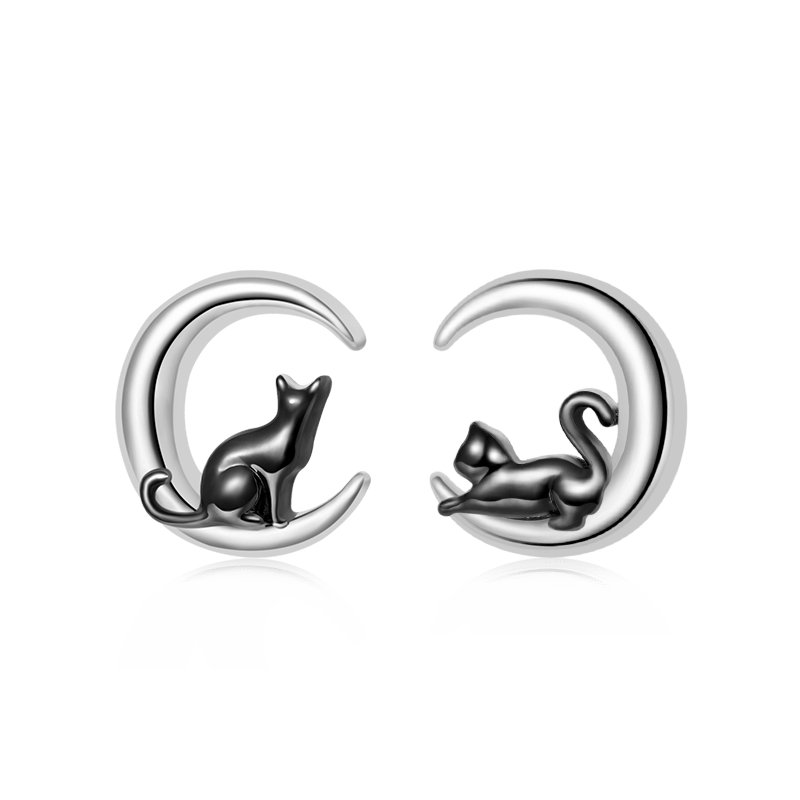 Gnoce Black Cat Moon Stud Earrings_1
