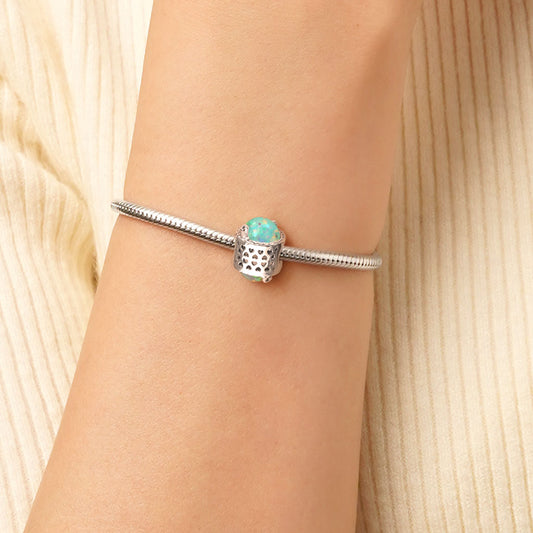 Minimalist vine Charm Bead 925 Sterling Silver Inlaid with Natural Opal Gemstone_4